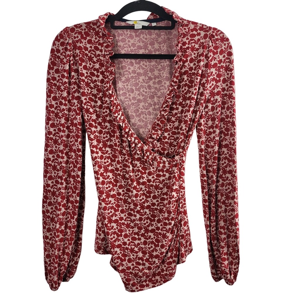 Boden Long Sleeve Blouse 2 Womens Long‎ Scoop Neck Red Floral Pullover Top